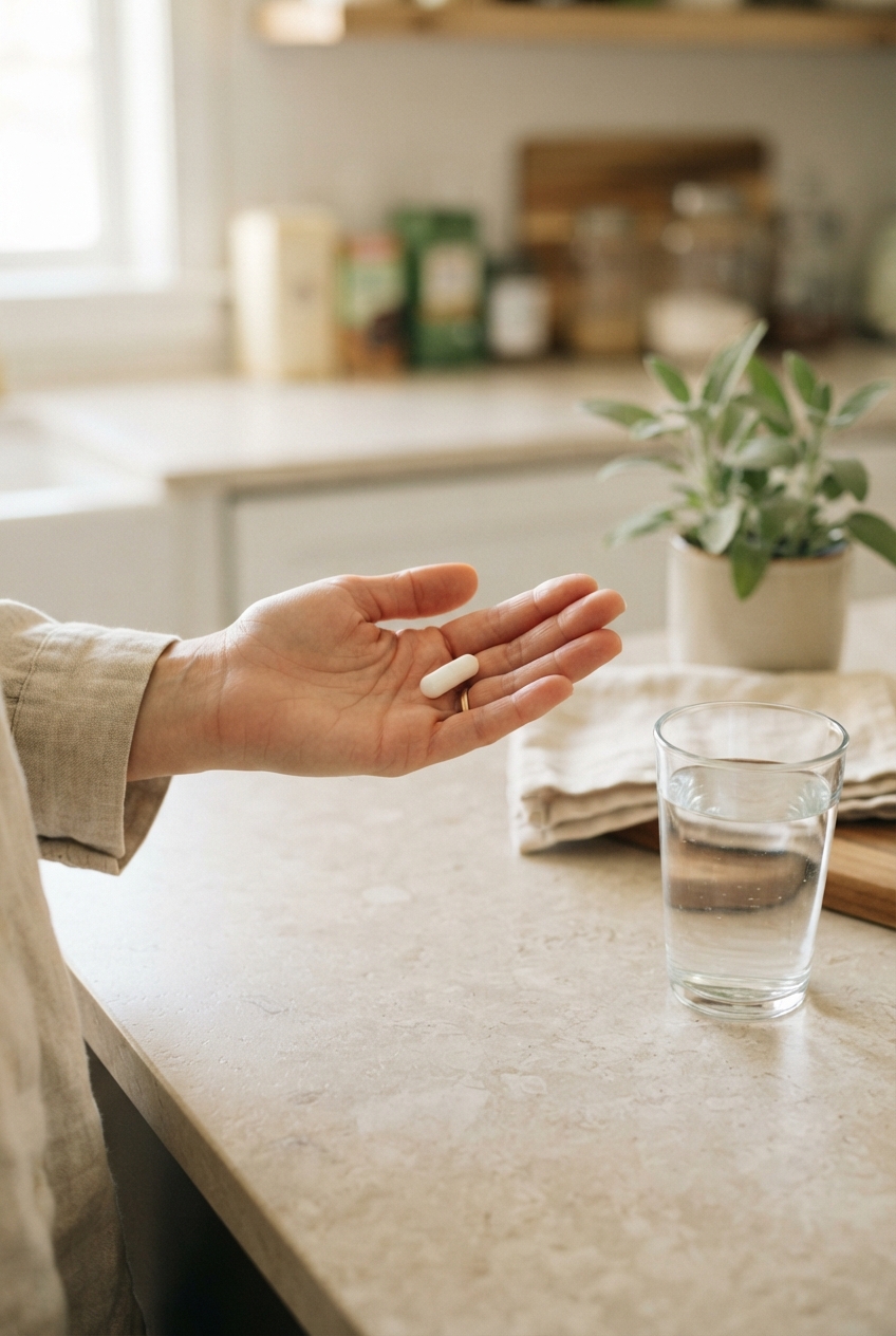 Open hand holding a white capsule beside a glass of water on a kitchen counter.