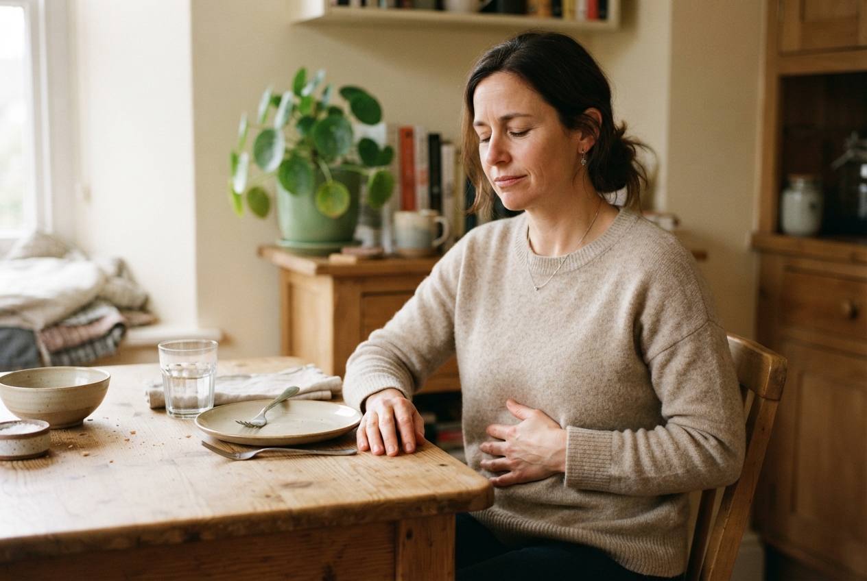 Woman in a beige sweater presses her abdomen while seated at a dining table.