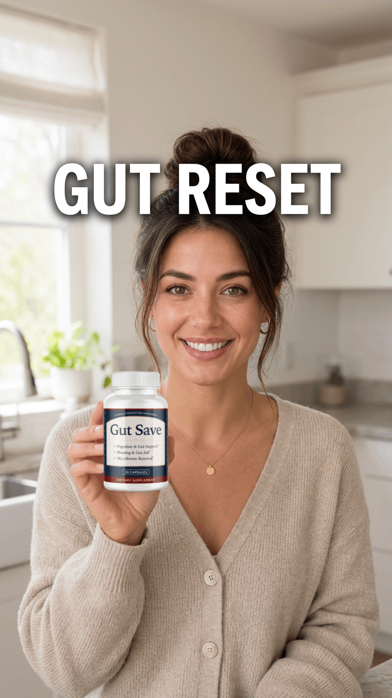 Smiling woman in a bright kitchen holds a bottle labeled “Gut Save” beneath “GUT RESET” text.