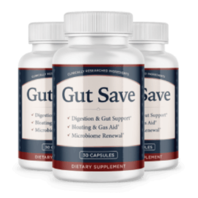 Three white “Gut Save” supplement bottles with cream, navy, and red labels on a black background.
