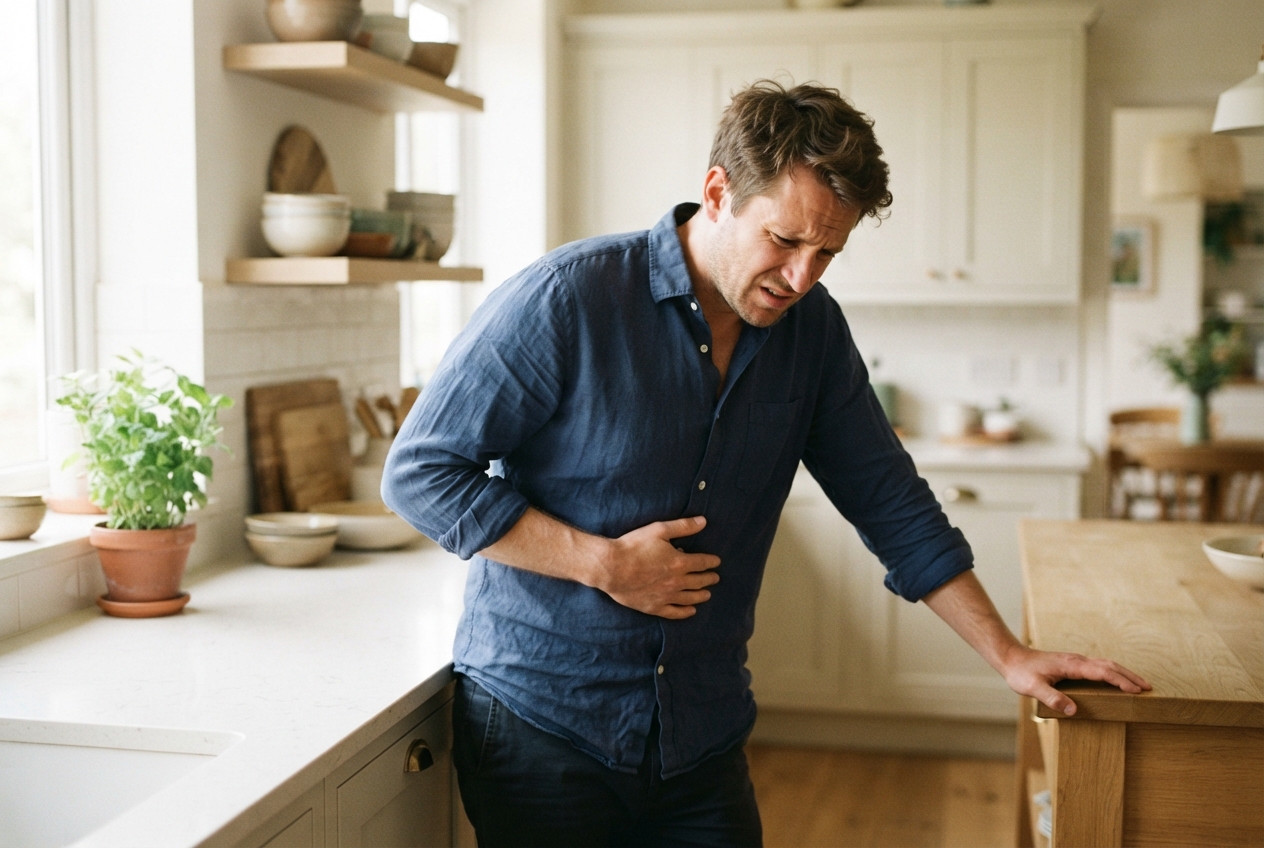 Man clutching his abdomen and bracing against a kitchen island in a bright home kitchen.