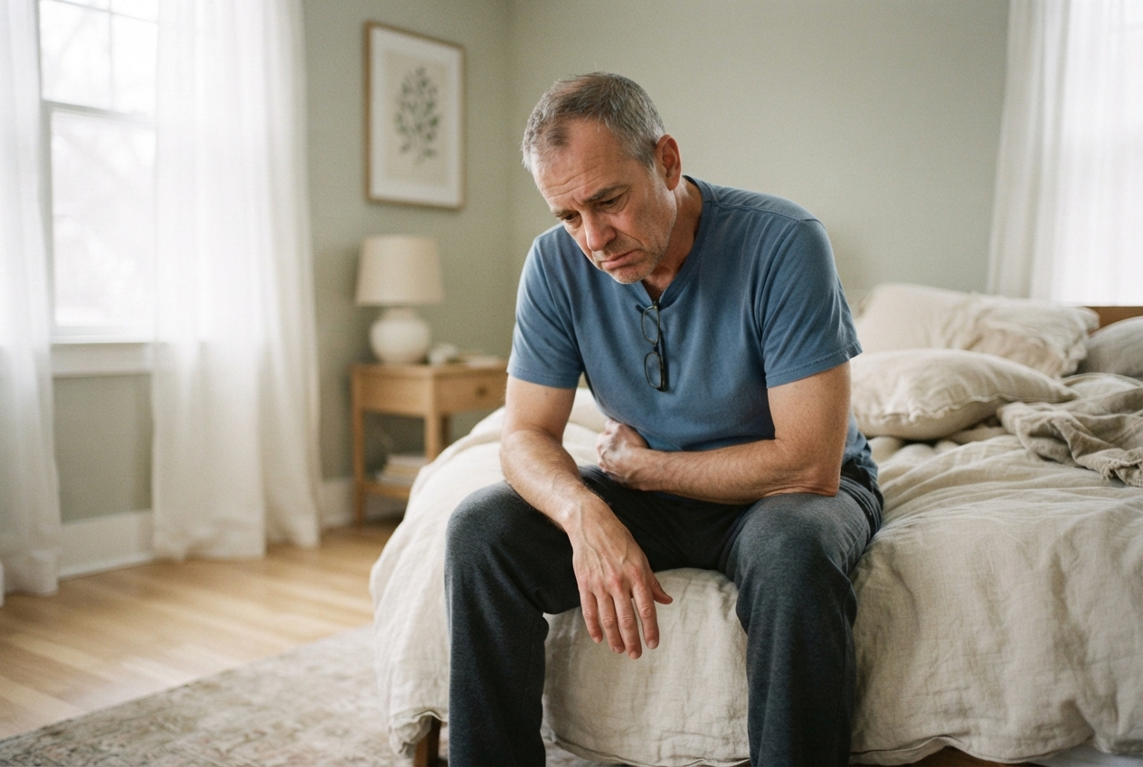 Gray-haired man clutching his abdomen while sitting on the edge of an unmade bed.